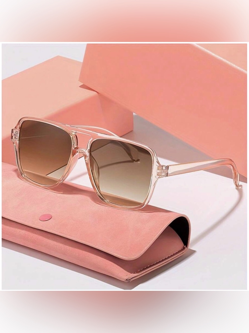 Transparent Light Pink Square Frame Sunglasses with Gradient Lenses